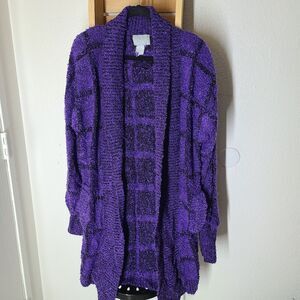 VINTAGE Cardigan BOUCLE Sweater size M Purple Oversized Plaid Pattern